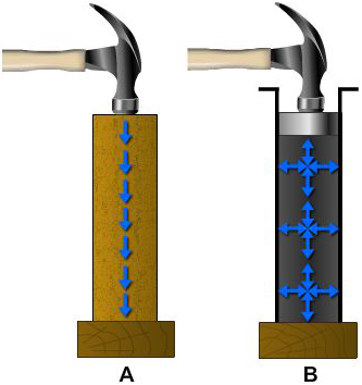 Transmission of force: (A) solid; (B) fluid